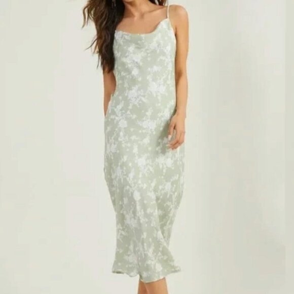 Altar’d State Raquel Floral Satin Midi Dress - Green, Size L - Picture 1 of 8